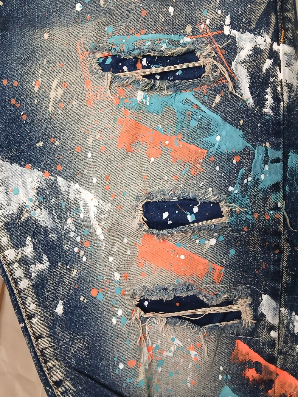 Slim Straight Men's Paint-Splatter Denim Jeans - Blue with Orange & Teal Accents